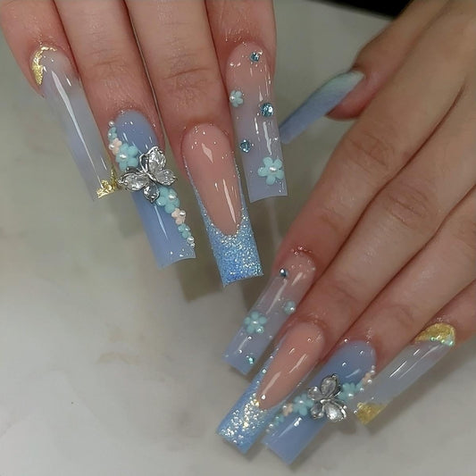 Rchovsam Blue Long Press on Nails Square Fake Nails Butterfly Flowers with Diamond Stick on Nails Glue on Nails Blue with Glitter Square Press on Nails for Wemon and Girls 24pcs