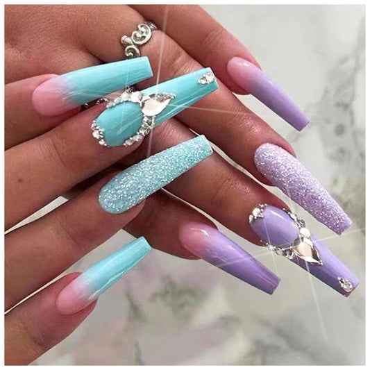Purple Press on Nails Long Ballerina Glossy False Nails with Glue on Nails Rhinestone Designs Blue Press on Nails Artificial Acrylic Fake Nails Bling Sequins Stick on Nails for Women Girls