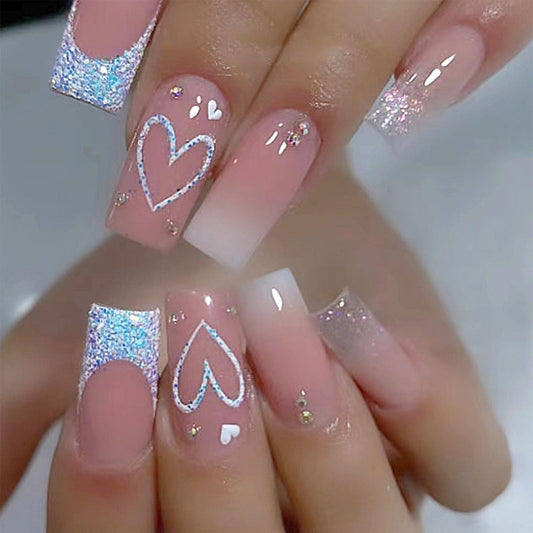 Square Press on Nails Medium Length - French Tip Press on Nails Pink Gradient Fake Nails with Heart Designs Reusable Glossy Medium French Nails 24 Pcs 12 Sizes