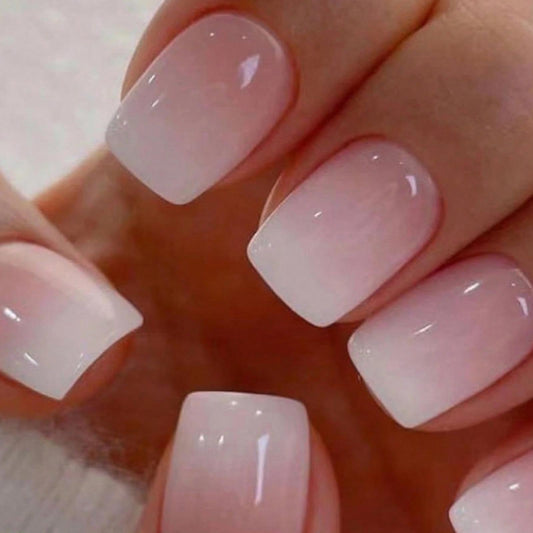 White Ombre Press on Nails Short Square Fake Nails with Design Pink Gradient Glue on Nails Glossy Acrylic Artificial Nails Stick on Nails for Women Girls Manicure 24Pcs…