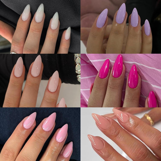 6 Packs Press On Nails Almond KQueenest Acrylic Press On Nails Medium Stiletto Fake Nails Press Ons Natural Color Glossy Gel Glue On Nails Medium for Women Daily Wear 144 Pcs