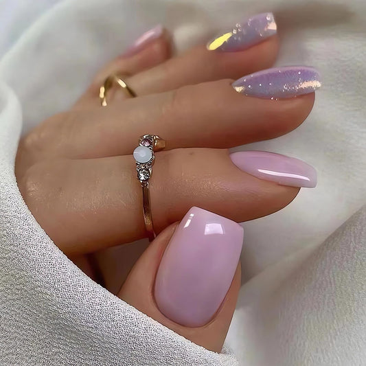 LPOODDNU Short Press on Nails Square Fake Nails Light Aurora Purple Press on Nails Glossy False Nail Tips Full Cover Glue on Nails Short Stick on Nails for Women and Girls 24Pcs
