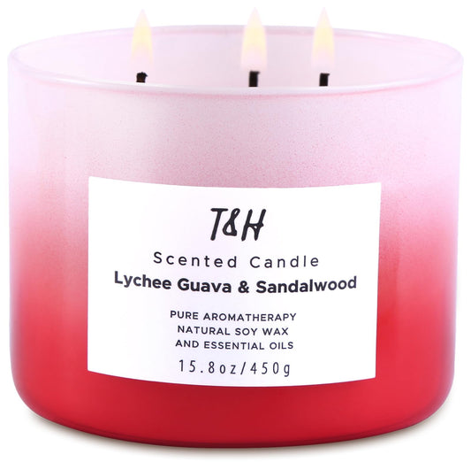 Lychee Guava Sandalwood Candle | Large 3-Wick Highly Scented Candle | Natural Soy Candle for Home 15.8 oz | Refreshing Tropical Fruity Scented Candle Aromatherapy Stress Relief Candle for Women & Men