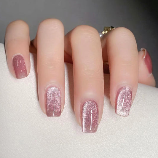 24Pcs Glitter Press On Nails -Cat Eye Press On Nails MediumFrench Tip Nails Solid Color Glossy Design Full Cover Glue On Nails Acrylic Nails Press Ons Glossy Stick On Nails For Women Nail Decoration