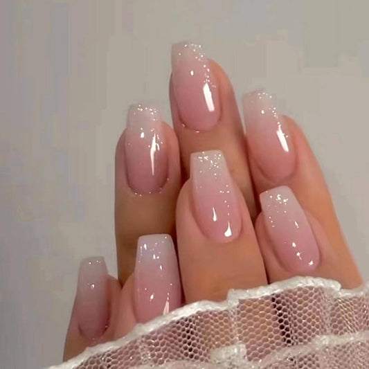 Coffin Press on Nails Long -French Tip Press on Nails Pink Nails Glossy Nails Deign Reusable Artificial False Nails with Glue on Nails for Women 24PCS (03-Long Coffin Pink)