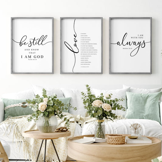 Heiple Framed Be Still and Know that I am God Sign Love is Patient Love is Kind Wall Art Set of 3 with Wooden Frame for Home Bedroom Decor Bible Verse Scripture Art Christian Religious Wall Decor (Gray 11”x14”)